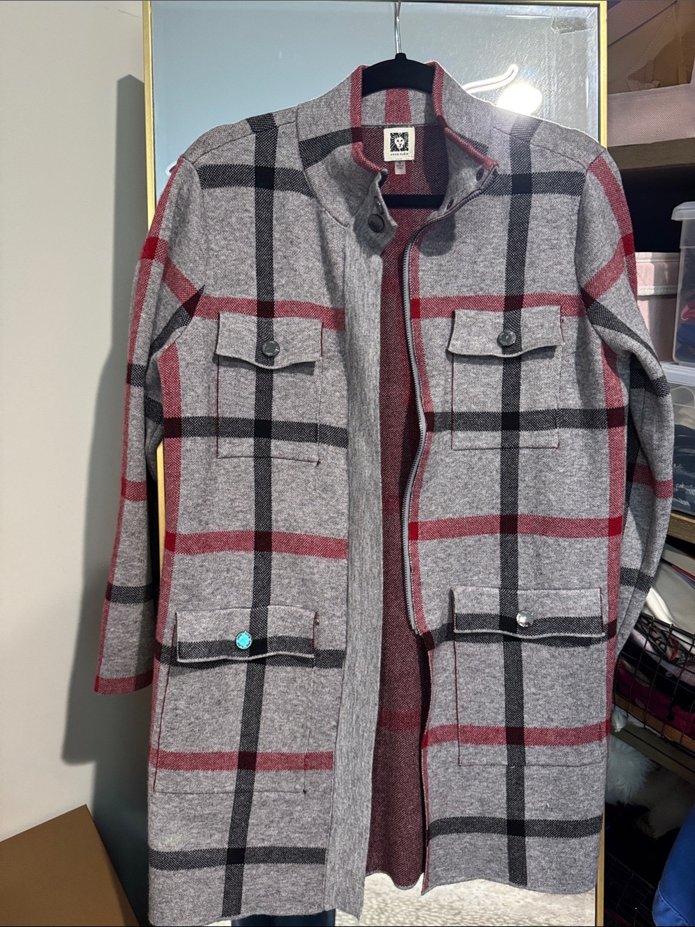 Anne Klein Gray Plaid sweater Pea Coat with Red & Black Windowpane
